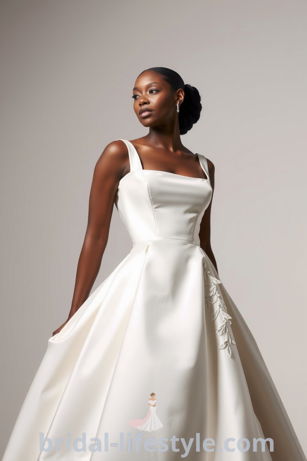 Elegant fit and flare wedding dress with a square neckline, luxurious satin fabric, and delicate lace embellishments, perfect for dreamy brides seeking inspiration for the special day. bridal-lifestyle.com