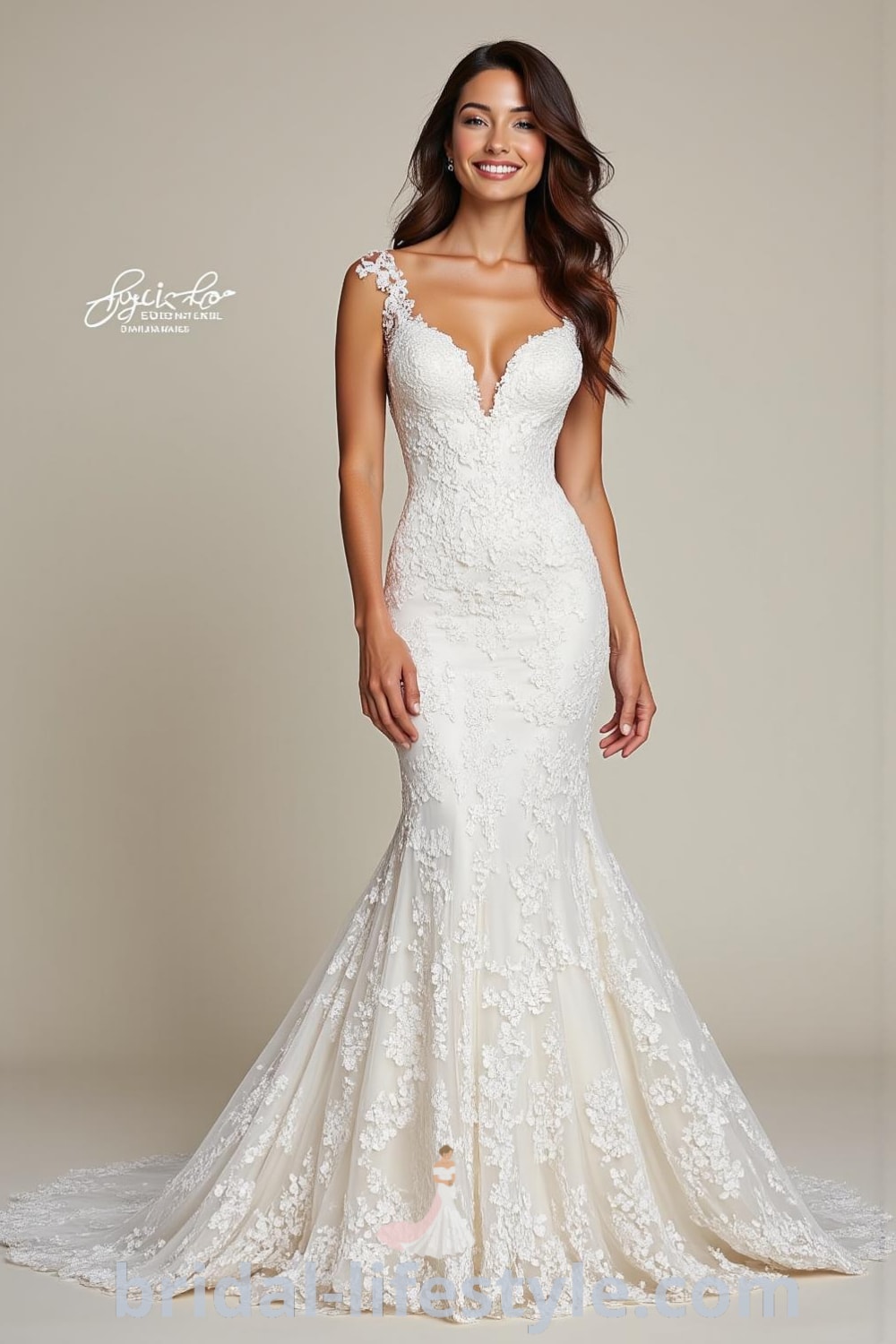 Mermaid wedding dress with fitted bodice decorated with lace appliqués and detachable train, showcasing a blend of timeless elegance and modern sophistication. bridal-lifestyle.com