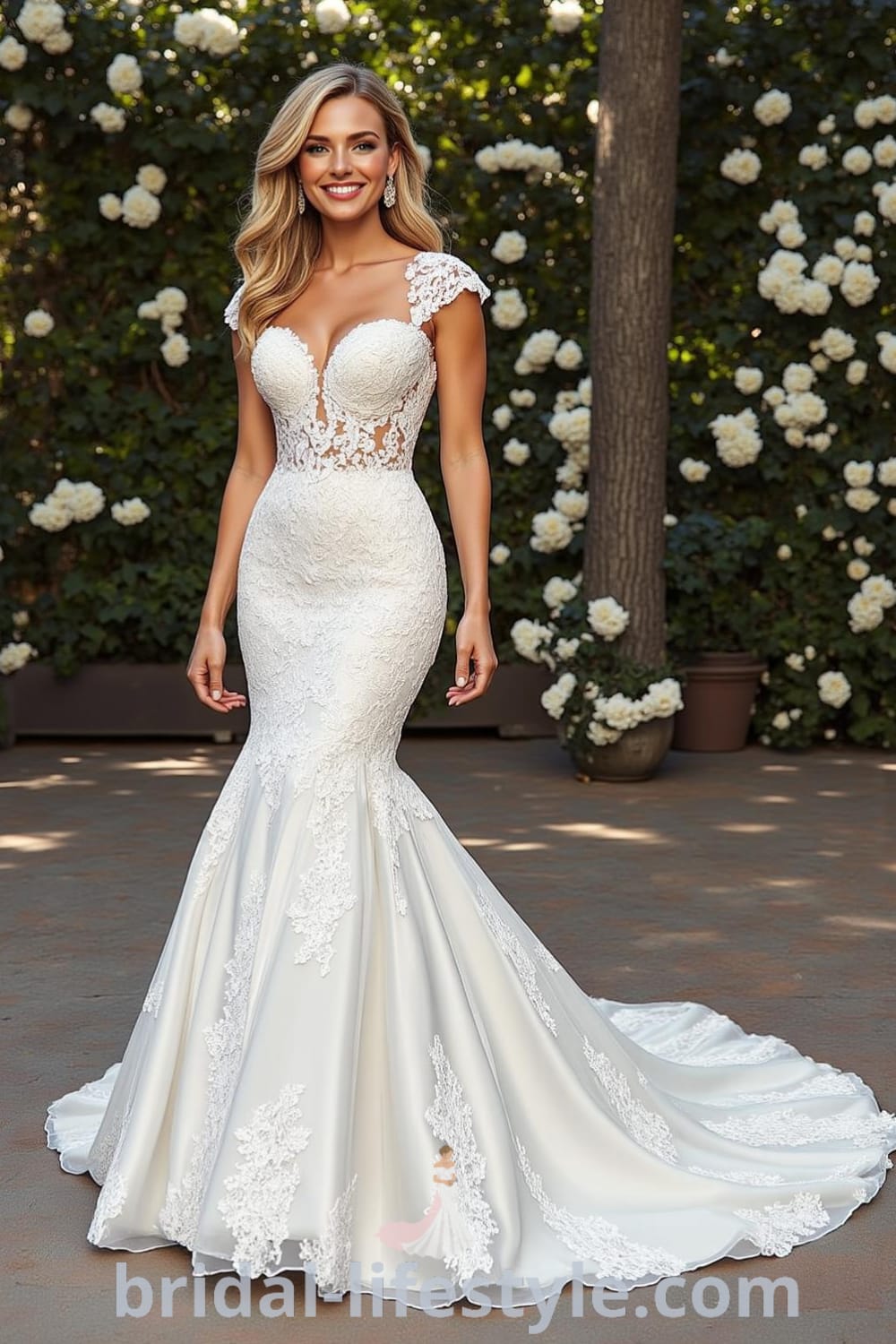Exquisite mermaid wedding dress featuring intricate lace over luxurious satin lining, deep sweetheart neckline, cap sleeves, scalloped hem, and delicate lace appliqués shining softly. bridal-lifestyle.com