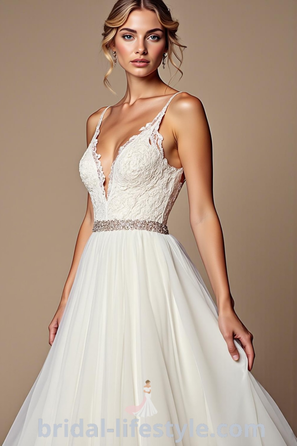 A-line wedding dress with a romantic V-neckline, intricately embroidered lace bodice, flowing satin skirt, delicate cap sleeves, and a modest train. bridal-lifestyle.com