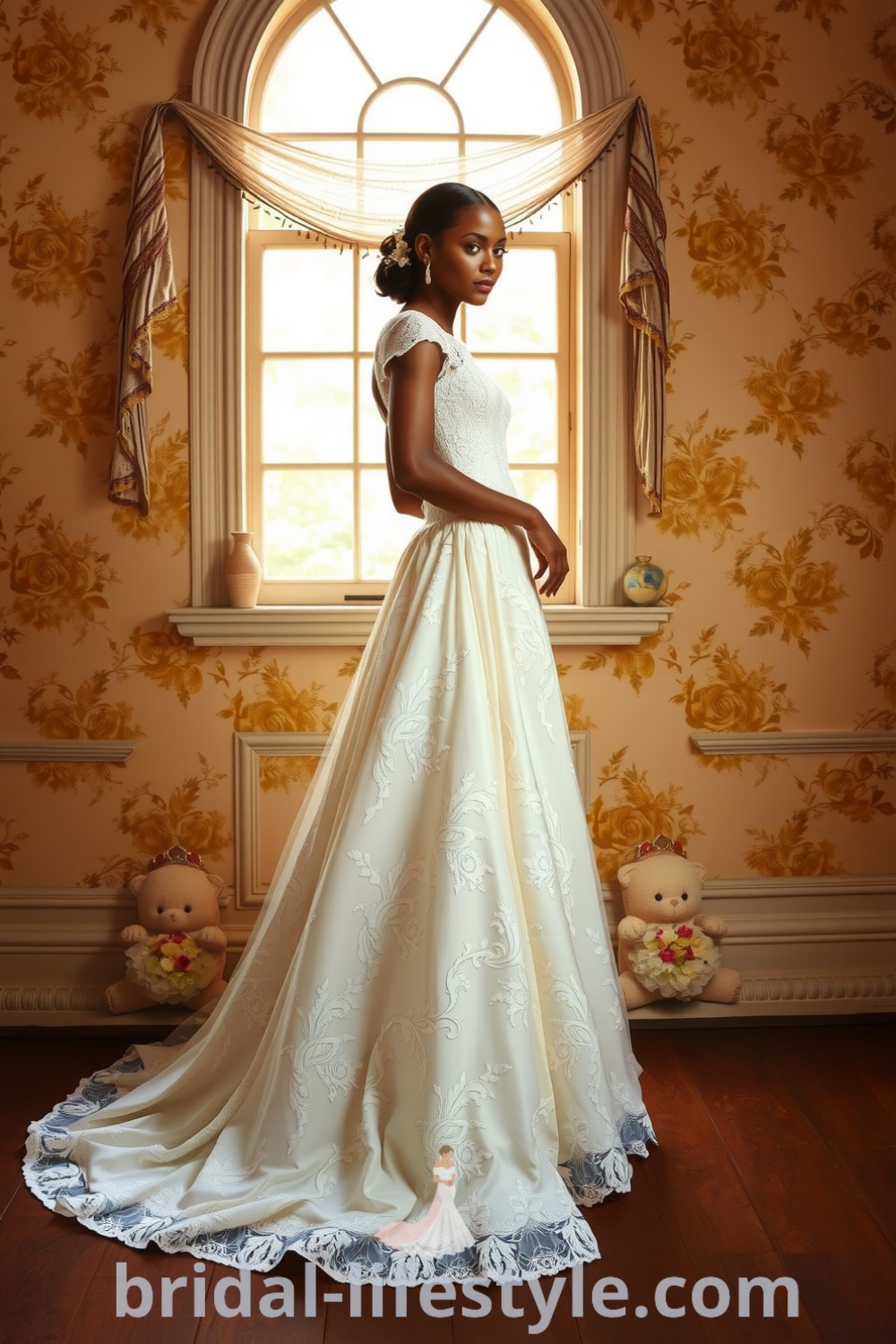 Vintage lace wedding dress on Black bride featuring intricate floral patterns, fitted bodice, A-line skirt, cap sleeves, scalloped neckline, and soft train. bridal-lifestyle.com