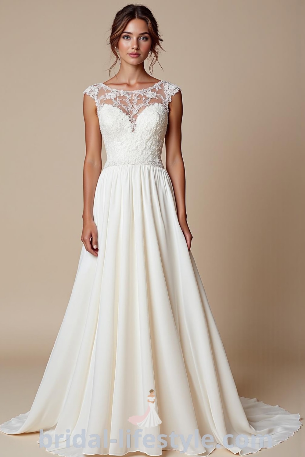 A-line wedding dress with boat neck design, luxurious satin fabric, intricate lace overlays on bodice, and delicate satin-covered buttons on the back. bridal-lifestyle.com