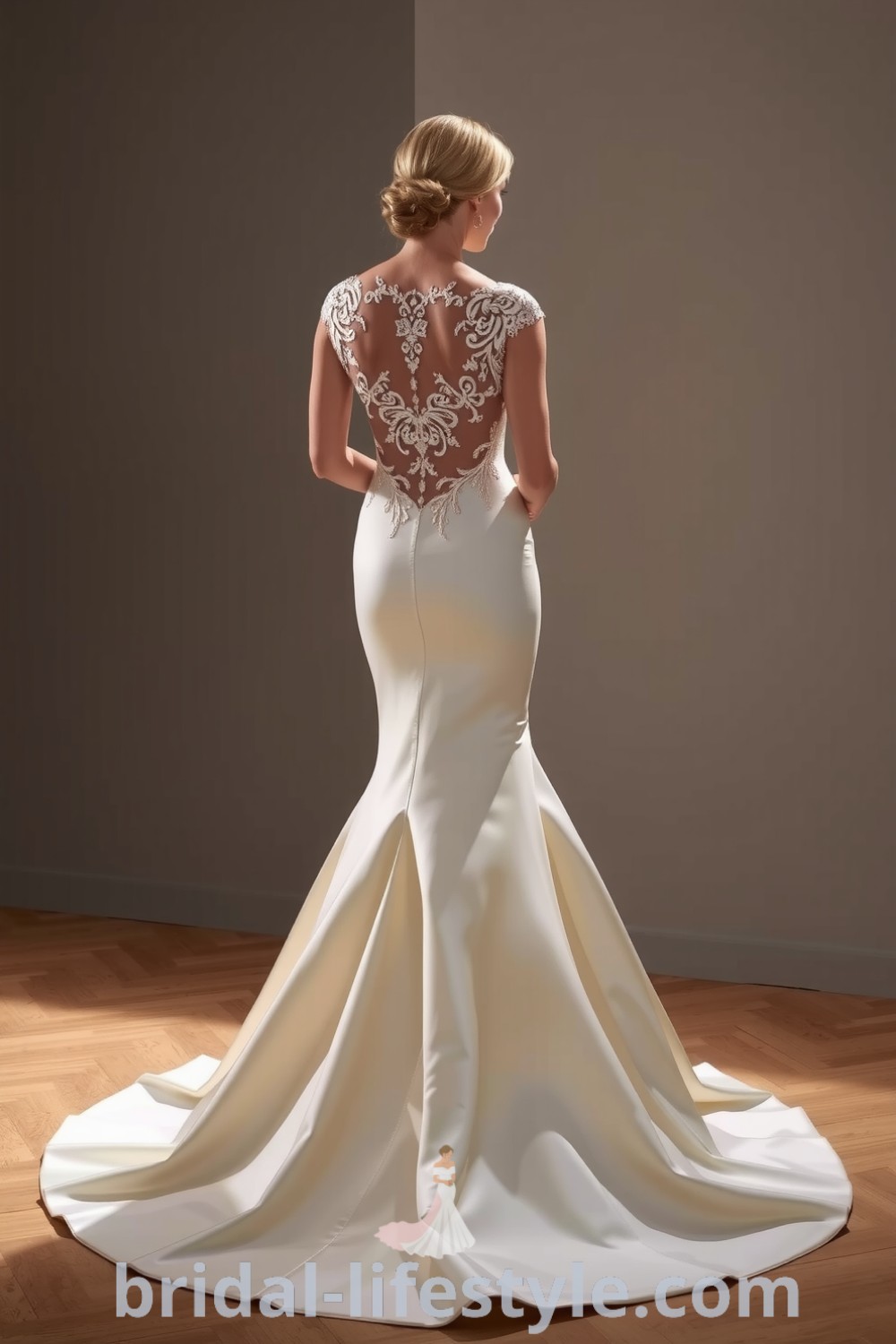 Mermaid wedding dress featuring an open back design, luxurious satin fabric, and delicate lace appliqués, embodying elegance for dreamy brides. bridal-lifestyle.com