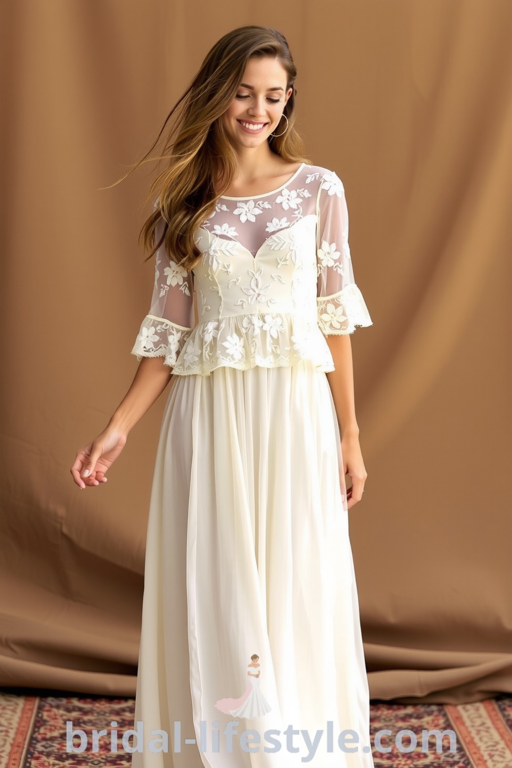 Two-piece boho wedding dress with lace top featuring floral embroidery and a sheer chiffon skirt, embodying elegance and romance for dreamy brides. bridal-lifestyle.com