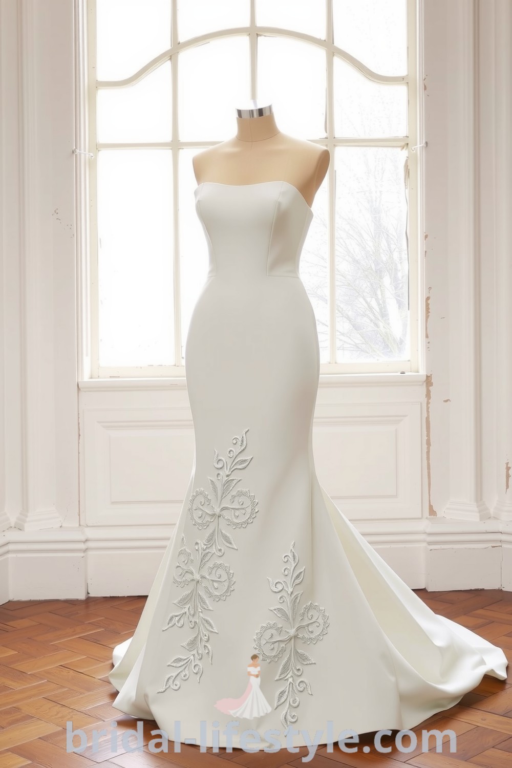 Fit and flare wedding dress with a square neckline, crafted from luxurious satin and adorned with lace appliqués for a romantic look, ideal for dreamy brides. bridal-lifestyle.com