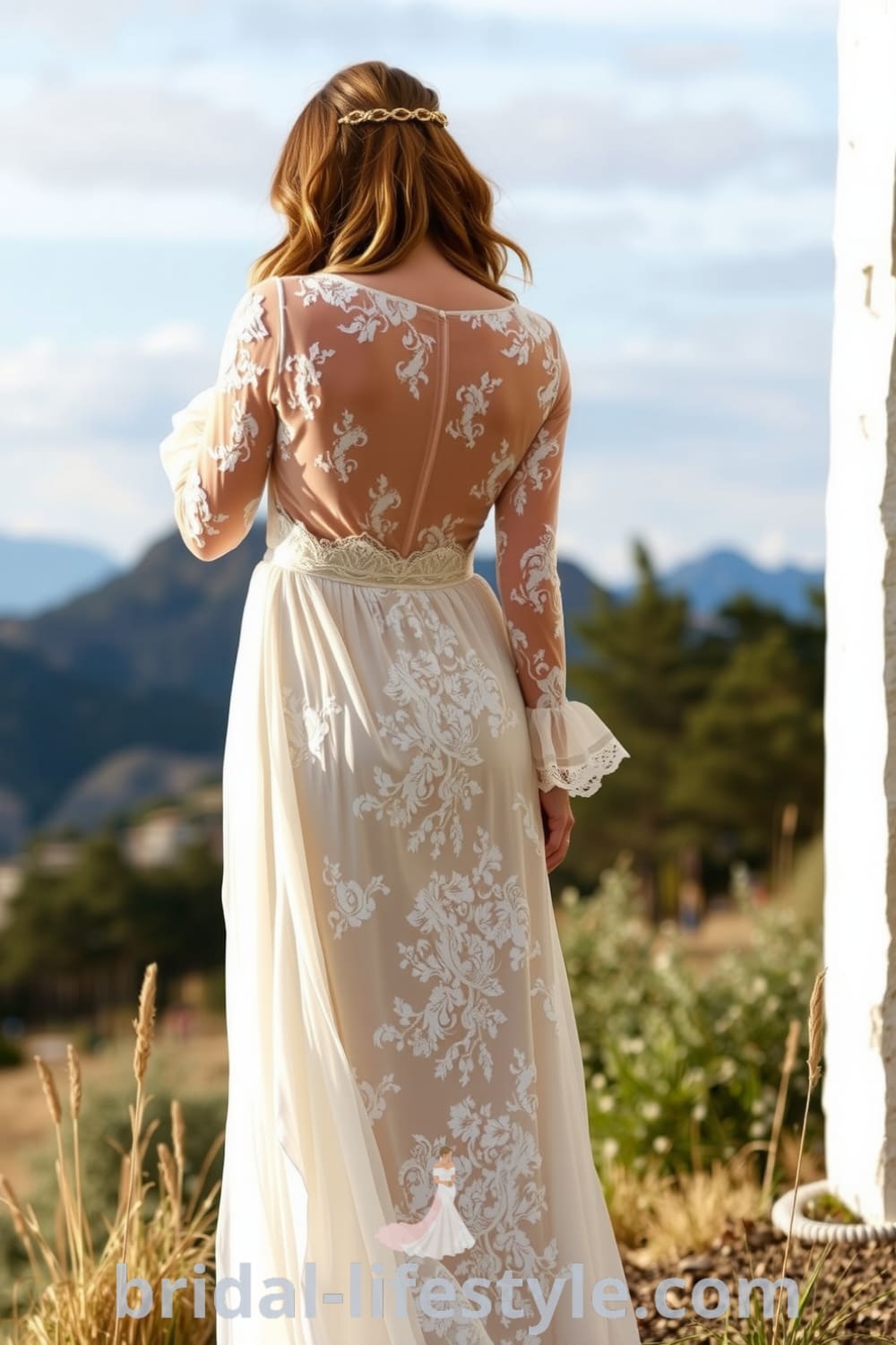 Boho long sleeve wedding dress made of floral lace with intricate detailing and a scalloped hem, perfect for an outdoor ceremony. bridal-lifestyle.com
