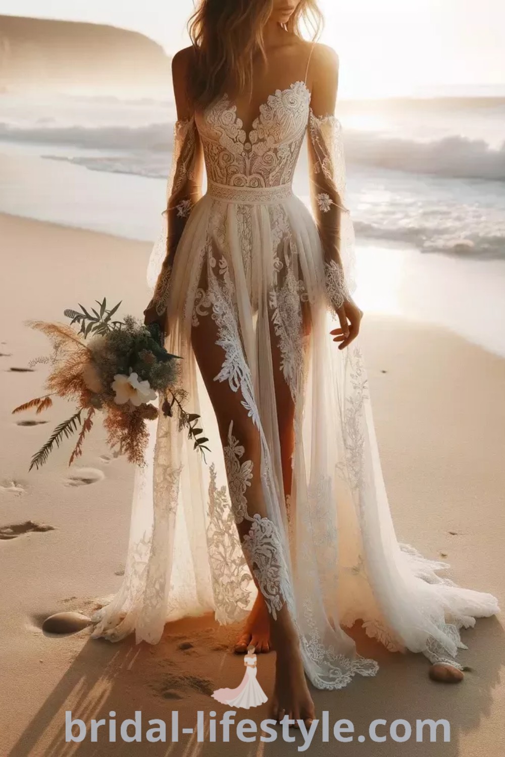 A woman standing on top of a beach next to the ocean in a white boho wedding dress, showcasing elegant lace perfect for dreamy brides. This beach vibes wedding dress is tailored for the special day, offering style inspiration for your unique wedding. Discover more at bridal-lifestyle.com.