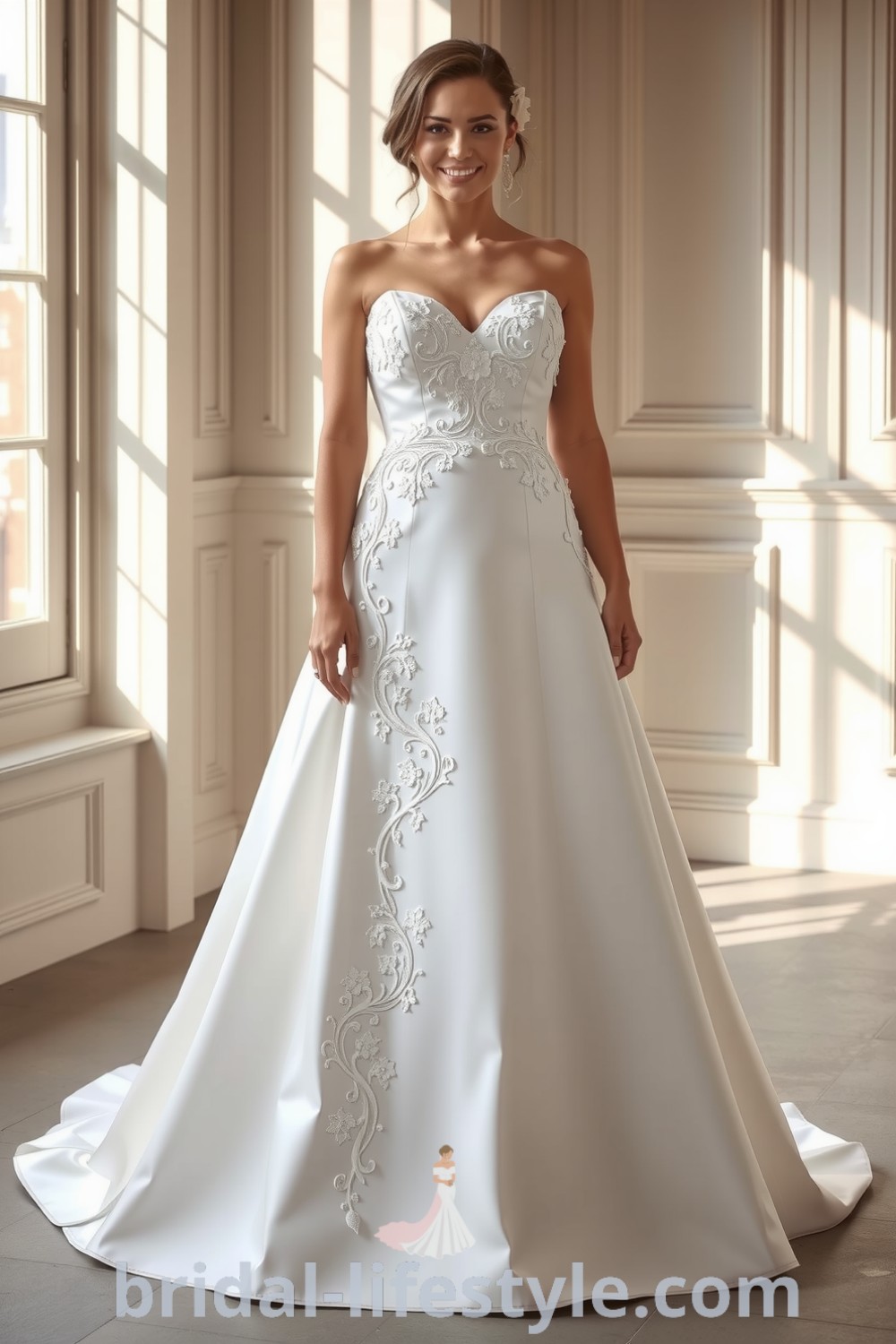 Plus size fit and flare wedding dress in satin with sweetheart neckline, intricate lace appliqués, flared skirt, and sheer panels, designed for modern brides. bridal-lifestyle.com