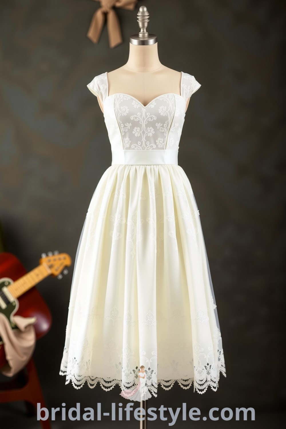 Charming vintage short wedding dress featured on bridal-lifestyle.com, showcasing elegant cap sleeves and pleated skirt, perfect for dreamy brides and aesthetic ideas for the special day.