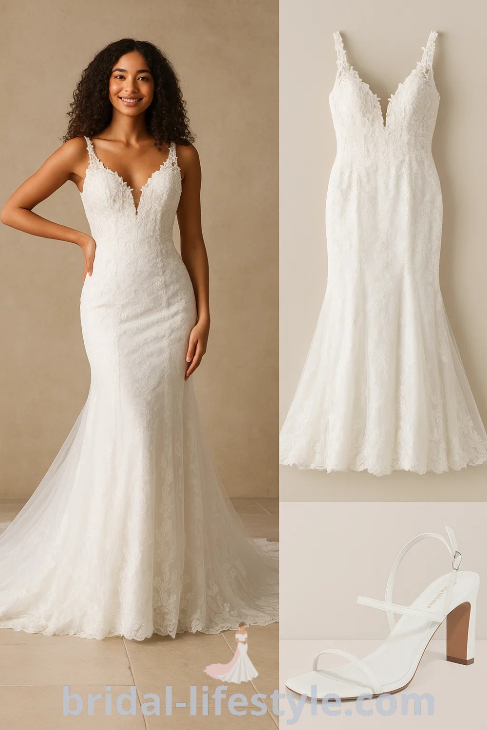 Lace Mermaid Tail wedding dress with a fitted bodice, flared skirt, and strappy block heels, perfect for a wedding or formal event. Discover bridal elegance on pinshoesoutfits.com.