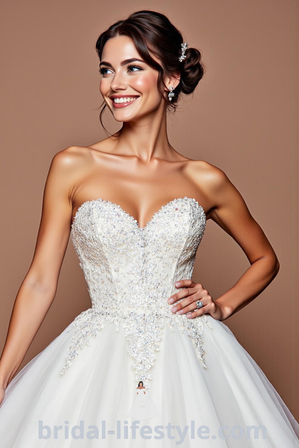 Enchanting Princess Glitter wedding dress with a fitted satin bodice, voluminous tulle skirt, shimmering sequins, and delicate lace appliqués. bridal-lifestyle.com