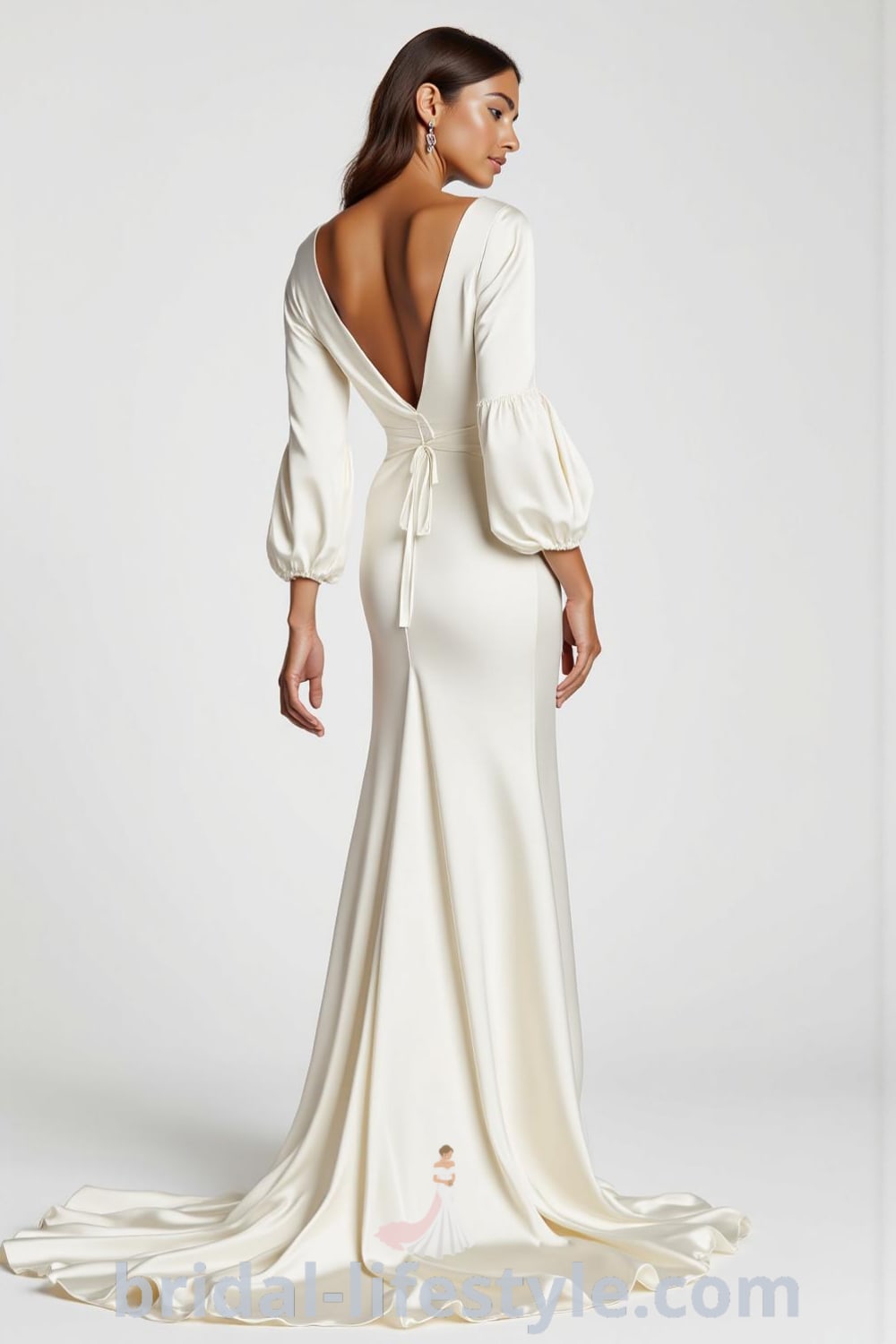 Minimalist long sleeve wedding dress in luxurious satin with a flowing train, refined high neckline, and keyhole back detail. bridal-lifestyle.com