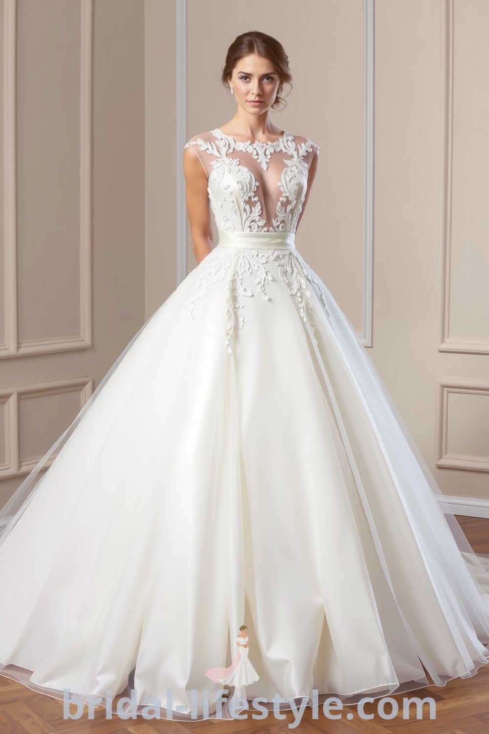 Princess wedding dress with a full tulle skirt, intricate lace bodice, sheer illusion detailing, and satin accents, perfect for creating romantic memories. bridal-lifestyle.com