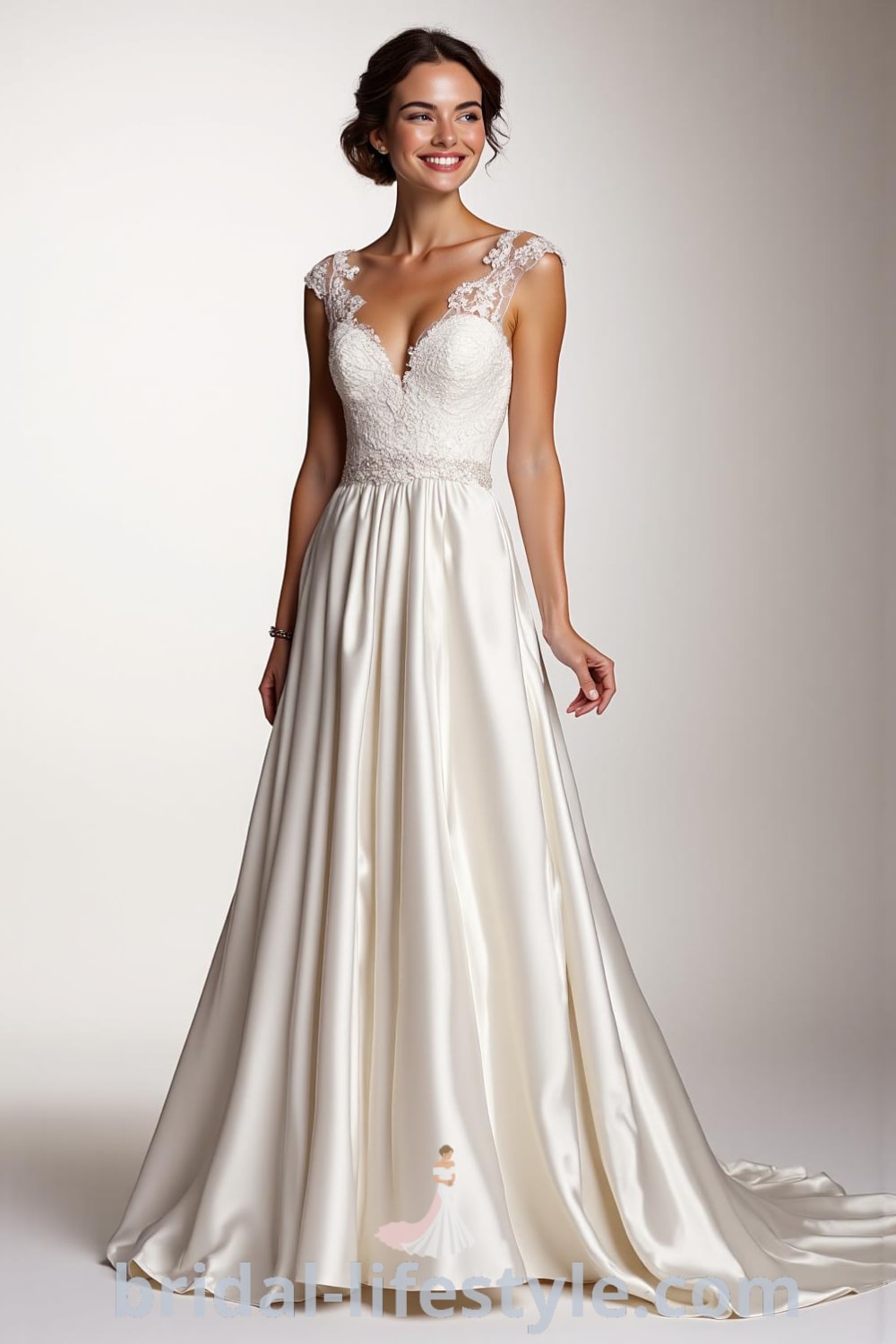 Elegant A-line wedding dress with delicate cap sleeves, embroidered lace bodice, and a flowing satin skirt featuring a scoop back. bridal-lifestyle.com