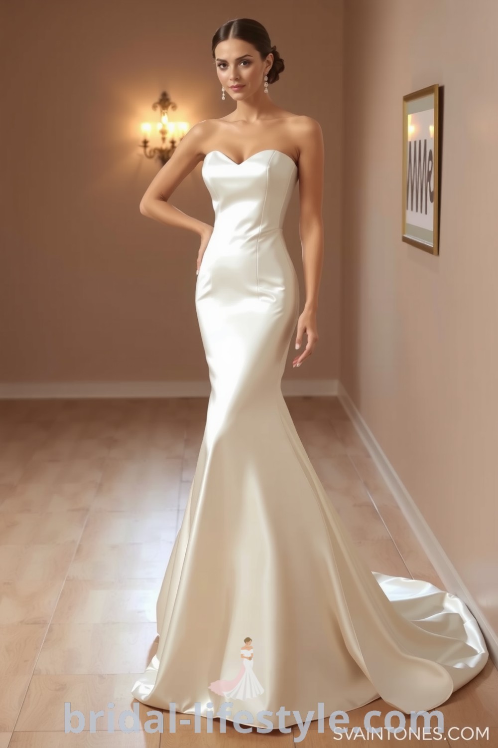 Elegant satin mermaid wedding dress highlighting curves with a luxurious sheen and subtle train, embodying sophistication and simplicity for dreamy brides. bridal-lifestyle.com