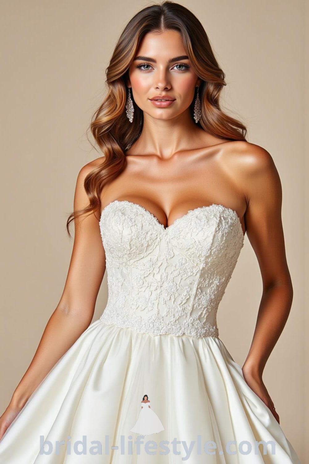 Elegant satin ball gown wedding dress with strapless sweetheart neckline and intricate lace appliqués, featuring delicate tulle layers for an ethereal look. bridal-lifestyle.com