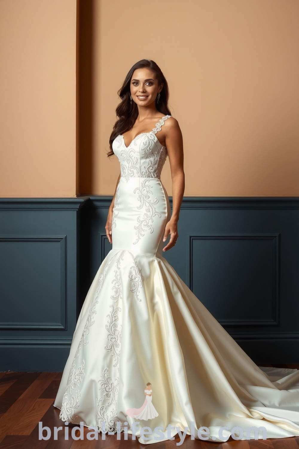 Elegant mermaid wedding dress with a luxurious lace bodice, detachable satin skirt, and delicate embroidery, designed for a Latina bride. bridal-lifestyle.com