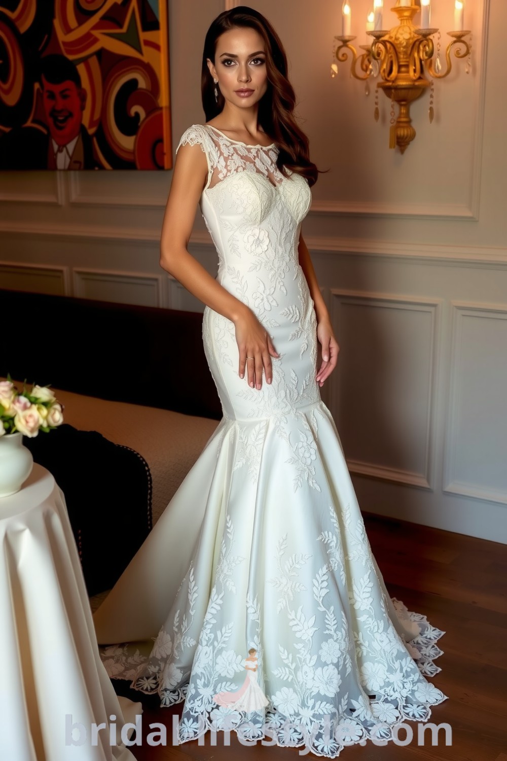 Mermaid wedding dress made of luxurious lace with floral patterns on the bodice and a detachable skirt, featuring a soft satin lining for a romantic look. bridal-lifestyle.com
