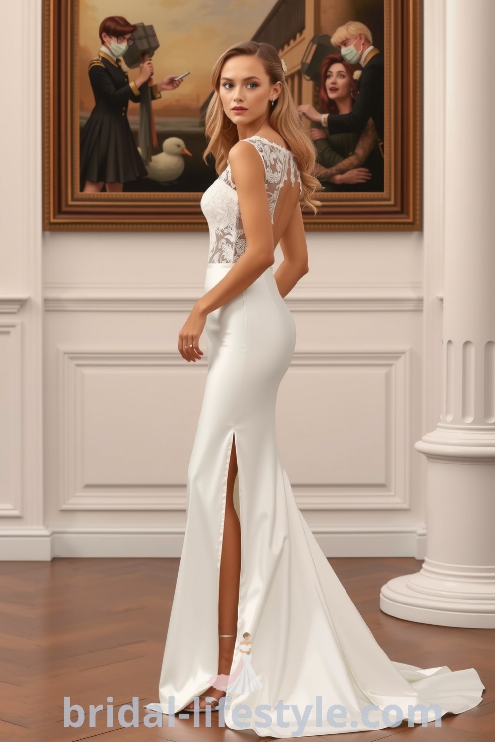 Fit and flare wedding dress with a thigh-high slit, made of luxurious satin and delicate lace, enhancing the bride