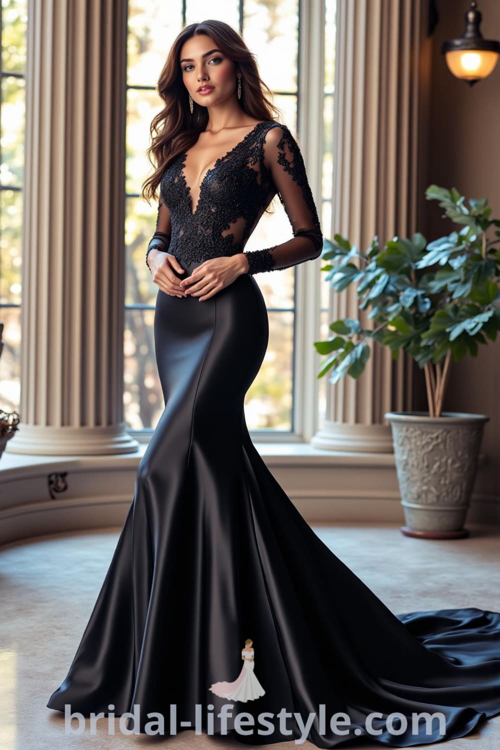 Elegant black satin mermaid wedding dress with lace detailing along the neckline and bodice, sheer long sleeves, and a dramatic train. pinshoesoutfits.com