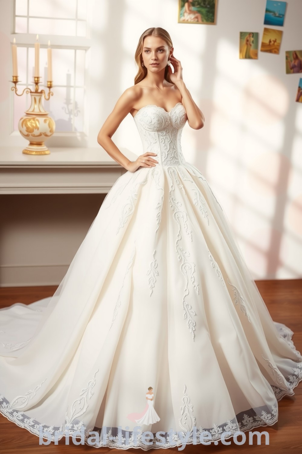 A princess wedding dress featuring an elegant fitted bodice with lace appliqués, a voluminous organza and tulle skirt, sweetheart neckline, and beaded embellishments, ideal for dreamy brides. bridal-lifestyle.com