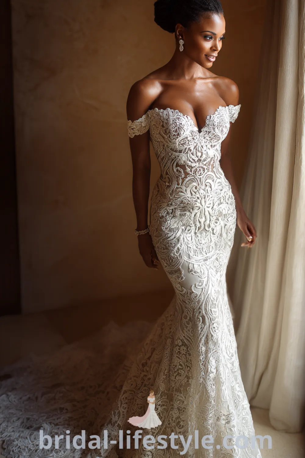 Mermaid lace wedding dress with bold guipure lace, fitted lace bridal gown, classic church ceremony, timeless elegance bridal.