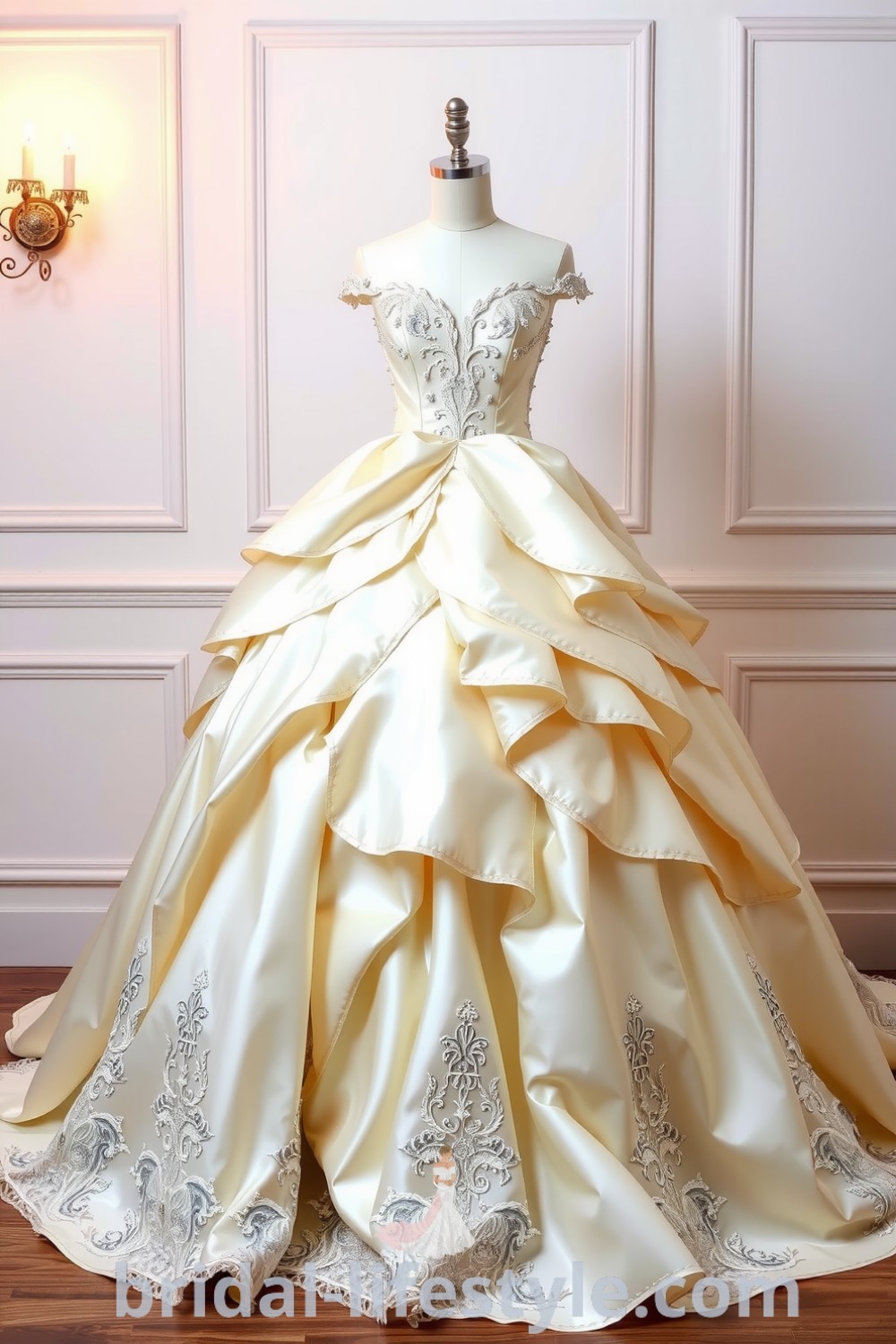 A stunning princess-style wedding dress with luxurious satin, intricate lace detailing, and a classic ball gown silhouette featuring a fitted bodice with delicate embroidery and a voluminous flowing skirt, perfect for dreamy brides. bridal-lifestyle.com