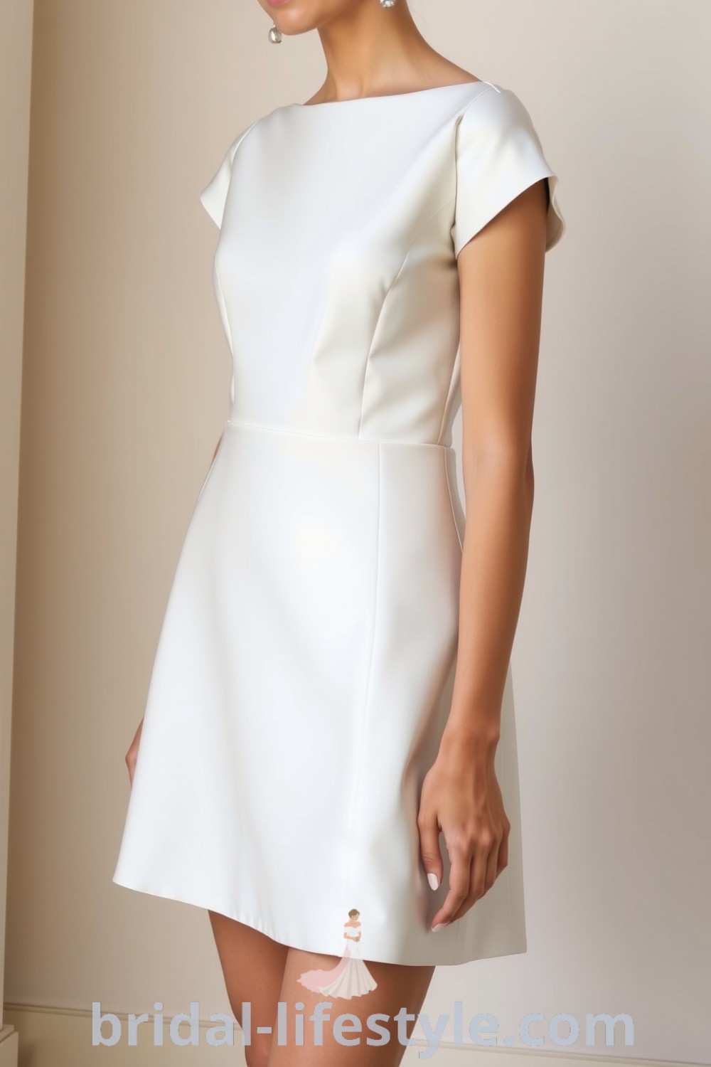 Minimalist wedding dress made of sleek satin, featuring a clean straight neckline, delicate cap sleeves, and a flattering silhouette. bridal-lifestyle.com