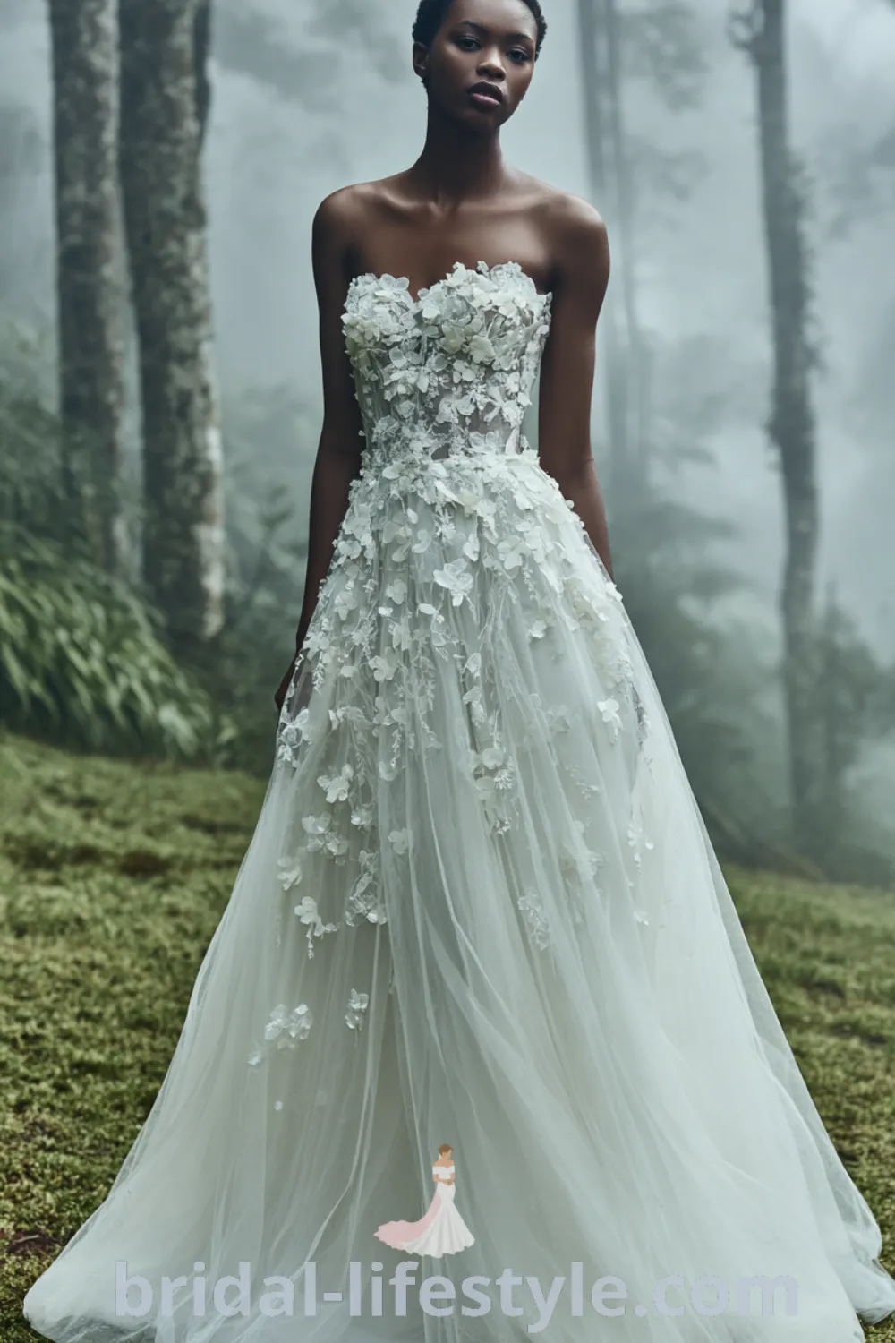 Ethereal floral bridal gown with 3D appliques, romantic sweetheart neckline, garden wedding dress floral, bohemian floral bridal gown.