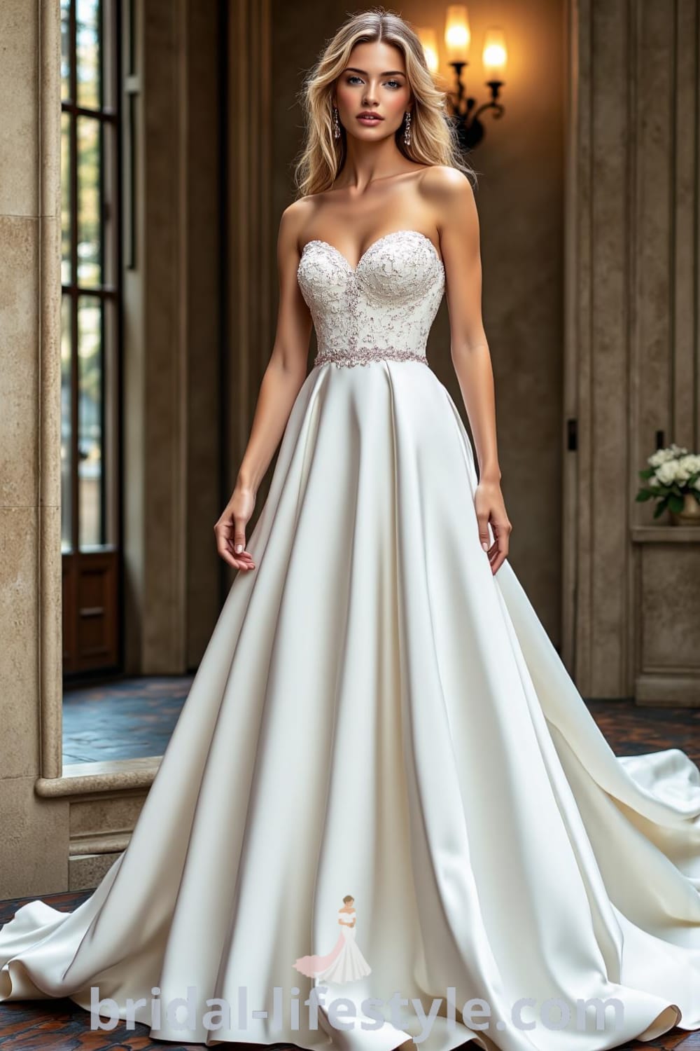 A-line satin wedding dress with a sweetheart neckline, delicate lace trim, and intricately embellished bodice, featuring a flowing design and cascading skirt. bridal-lifestyle.com