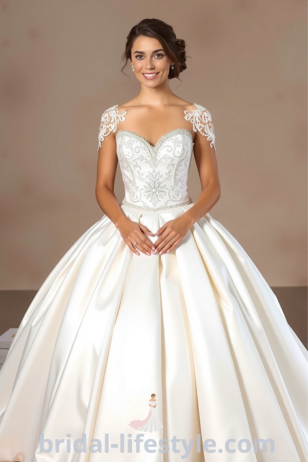 Elegant princess wedding gown featuring layers of shimmering satin, intricate lace overlays, and sparkling sequins on the sweetheart neckline and cap sleeves. Ideal for dreamy brides seeking enchanting inspiration for their special day. bridal-lifestyle.com
