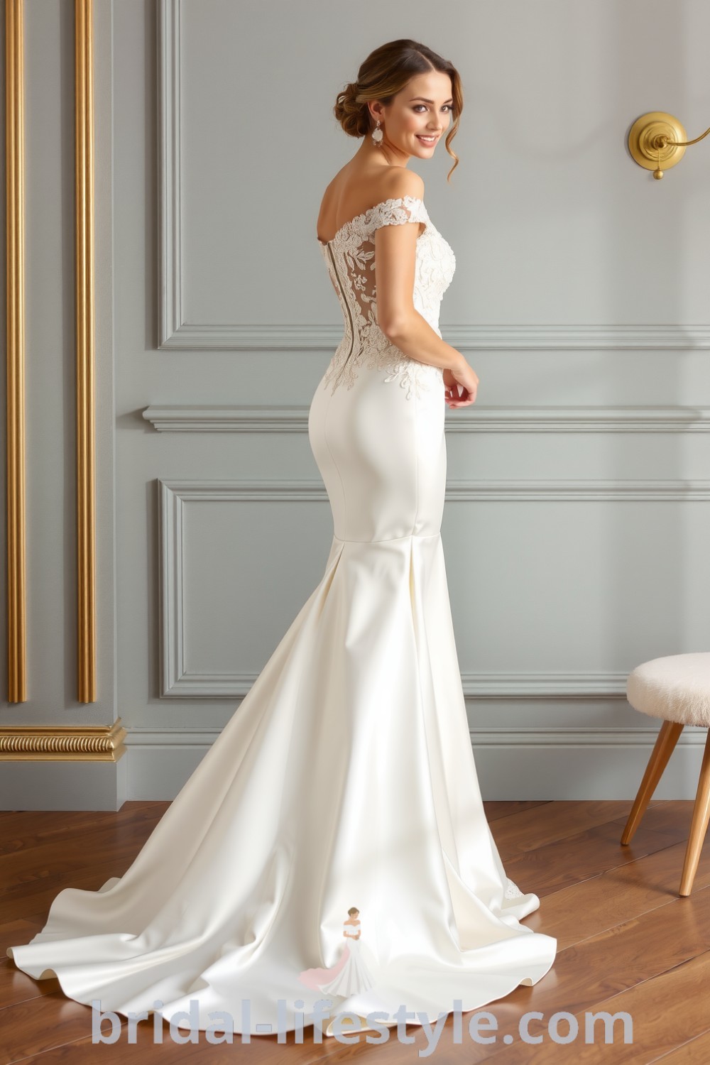 Elegant mermaid wedding dress with detachable skirt, intricate lace detailing, luxurious satin, and off-the-shoulder neckline, perfect for dreamy brides on their special day. bridal-lifestyle.com