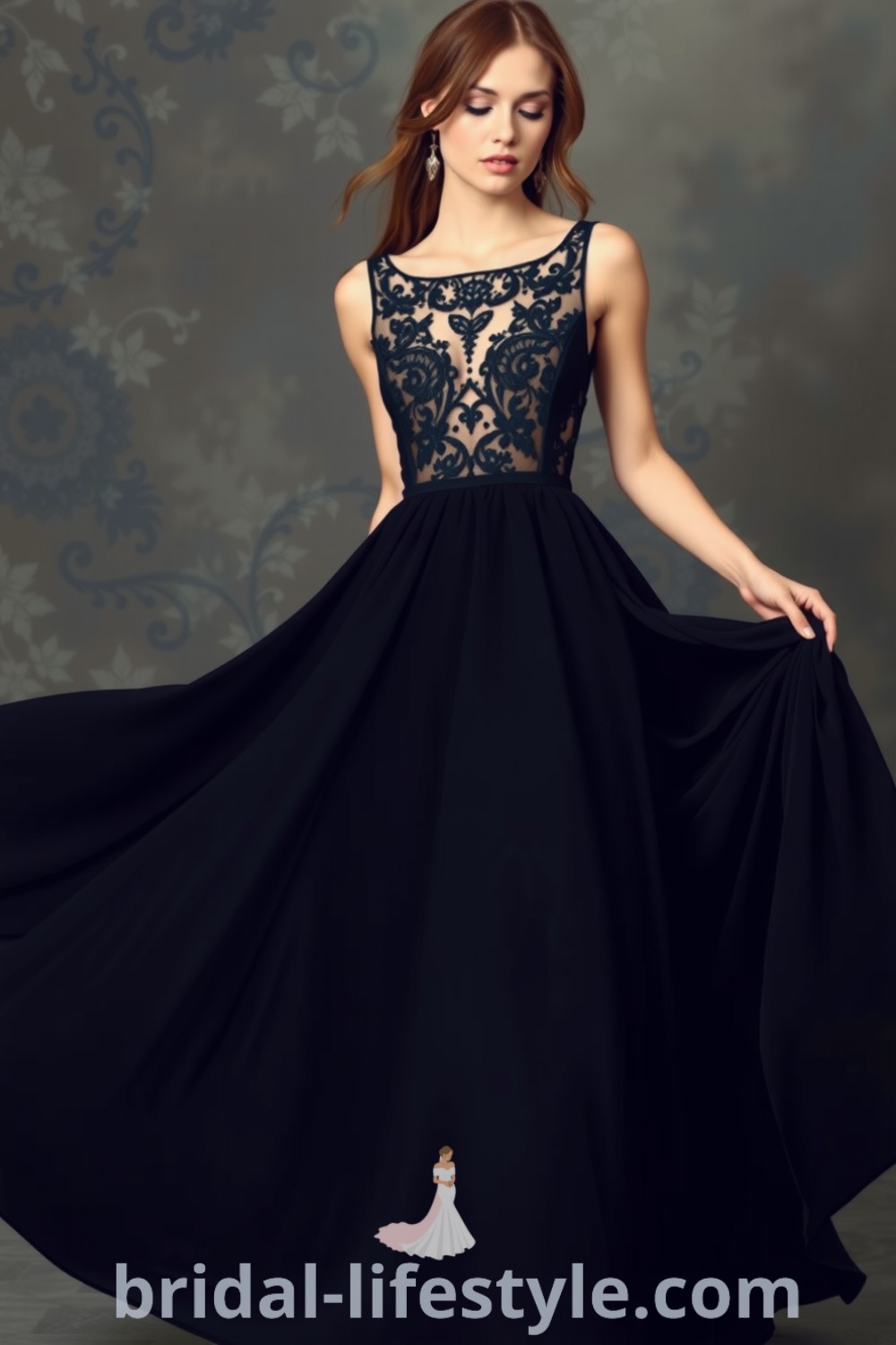 A breathtaking Black Boho wedding dress with a flowing chiffon silhouette, intricate lace overlays, and delicate embroidery, designed for a modern chic celebration. bridal-lifestyle.com