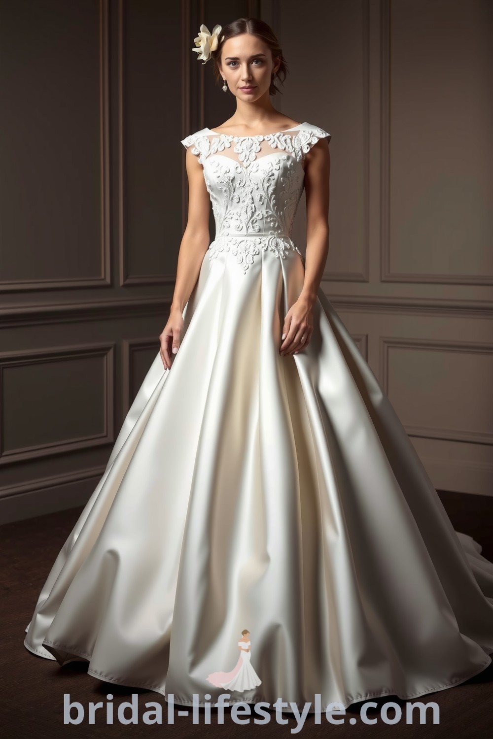 Elegant ball gown wedding dress with structured bodice and lace appliqués, featuring a satin skirt and delicate cap sleeves, perfect for dreamy brides looking for inspiration looks for the special day. bridal-lifestyle.com
