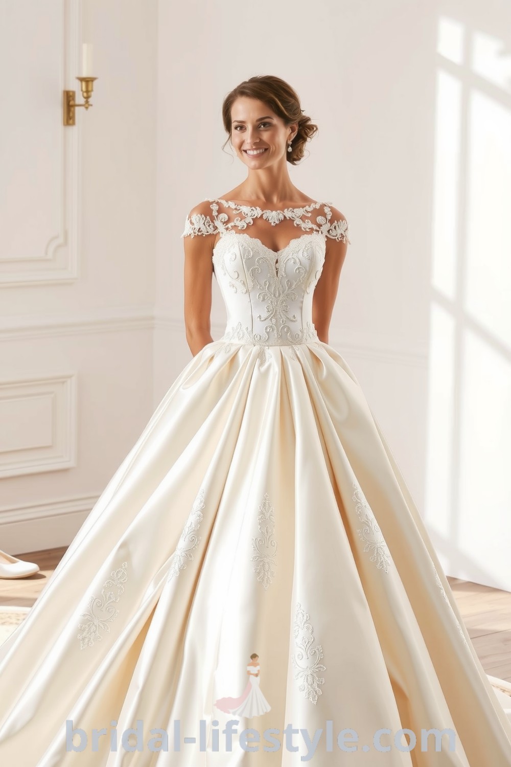 Elegant princess wedding dress with shimmering satin, intricate lace appliqués, and a full skirt, perfect for dreamy brides seeking inspiration looks for the special day. bridal-lifestyle.com