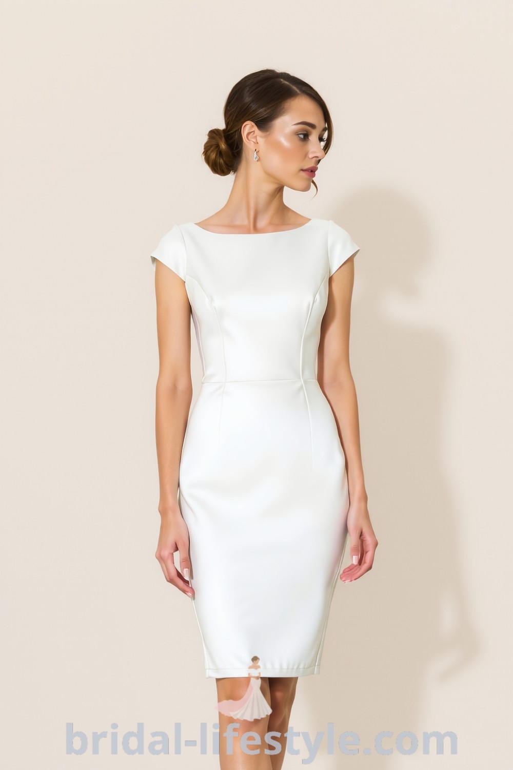 Minimalist wedding dress featuring luxurious satin fabric, boat neckline, delicate cap sleeves, and a sleek silhouette. bridal-lifestyle.com