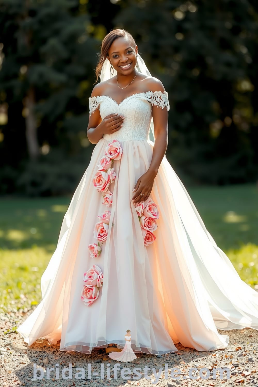 A radiant Black bride in a whimsical boho wedding dress with oversized floral appliqués, layered lace, and chiffon, featuring an off-the-shoulder neckline. bridal-lifestyle.com