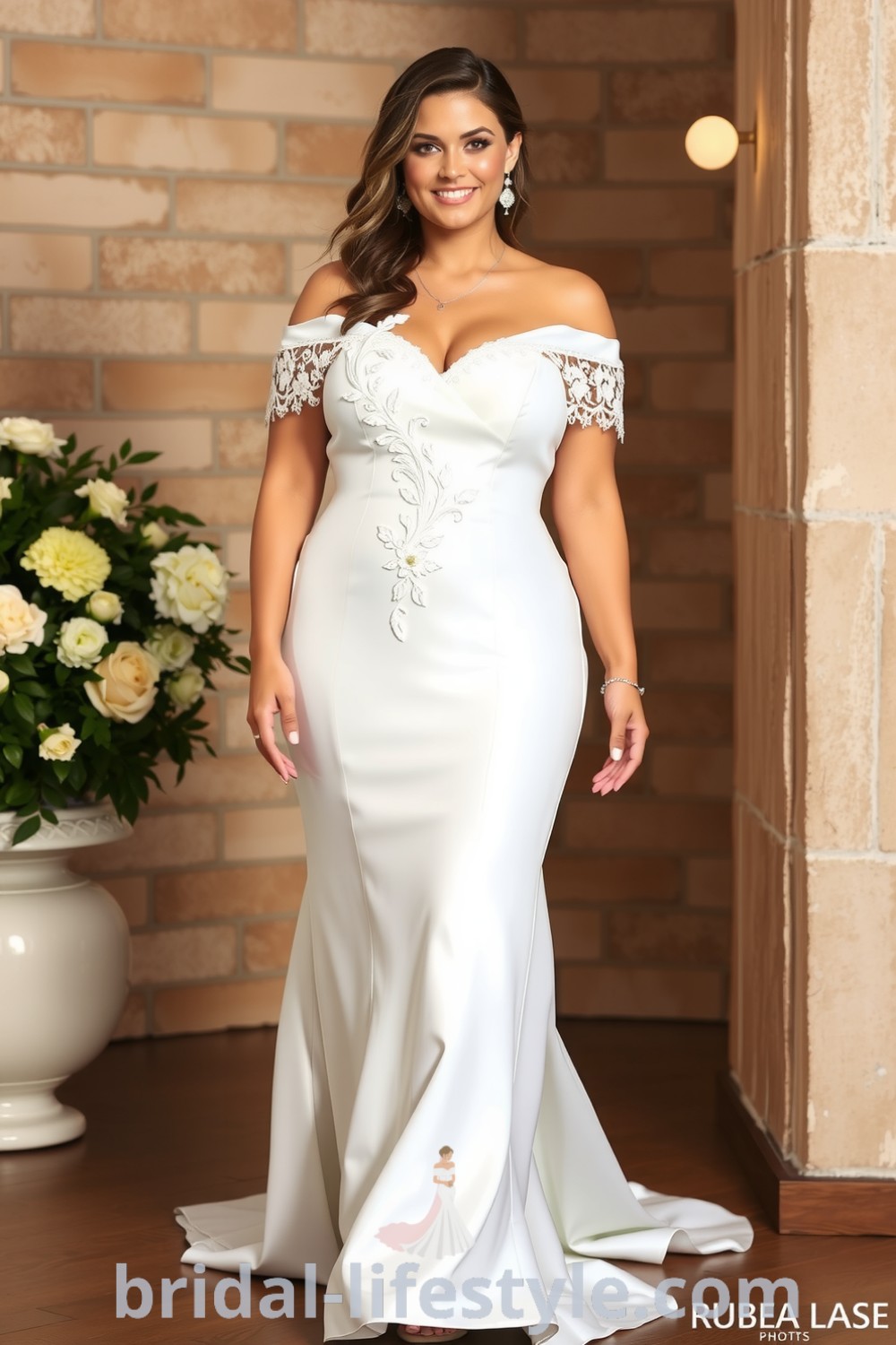 Fit and flare plus-size wedding dress featuring satin silhouette, off-the-shoulder neckline, and intricate lace appliqués, designed for elegance. bridal-lifestyle.com