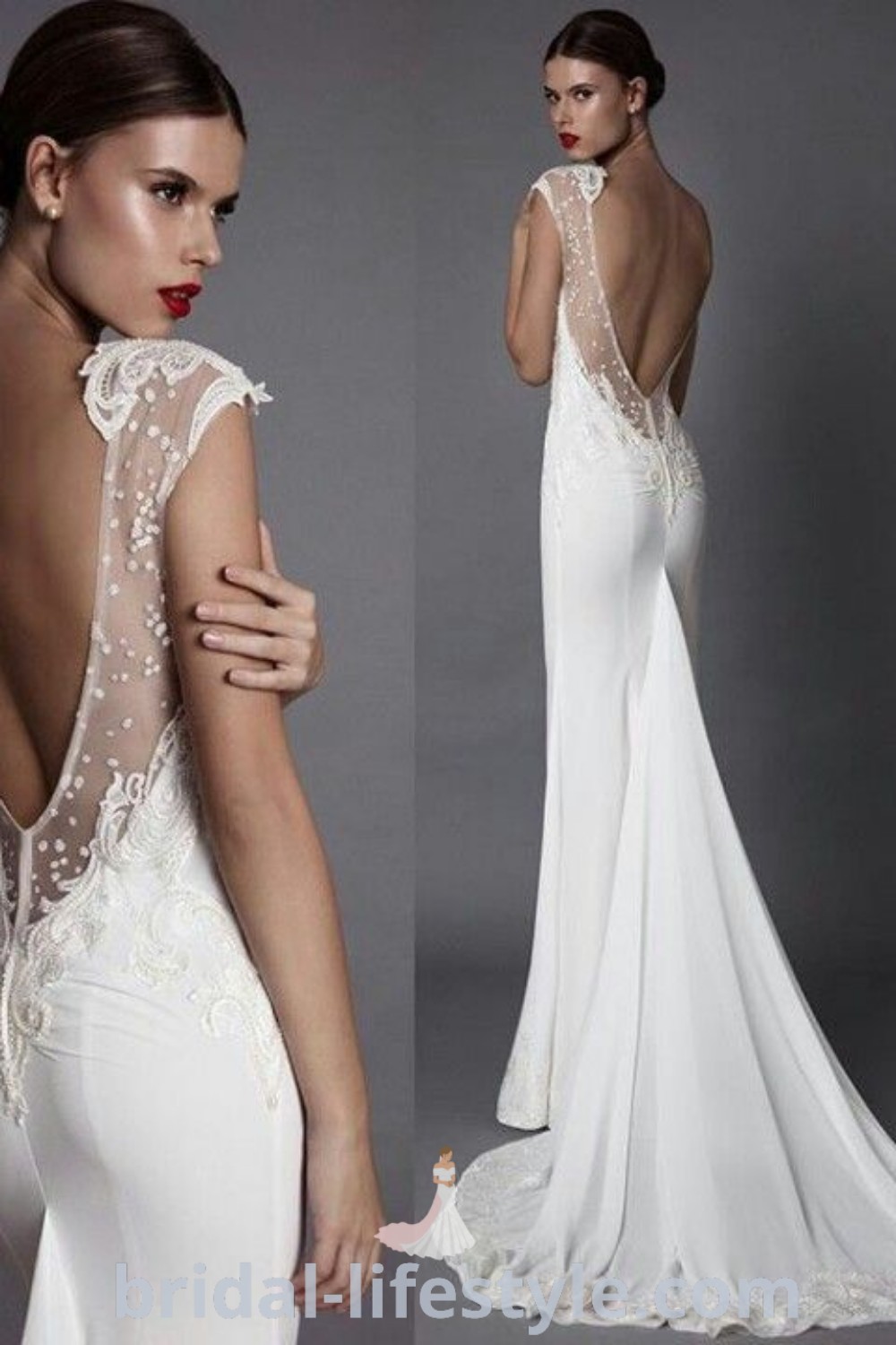 An elegant white wedding dress with an open back and sheer lace details, ideal for romantic brides. This stunning gown is perfect for special occasions like matric dances and offers inspiration for the special day. Explore trendy dresses for your dreamy wedding at bridal-lifestyle.com.