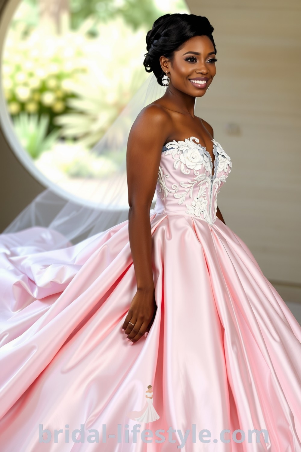 Elegant black bride wearing a princess ballgown with a voluminous satin skirt, intricate lace bodice, and cascading tulle layers, embodying dreamy bridal inspiration for the special day. bridal-lifestyle.com