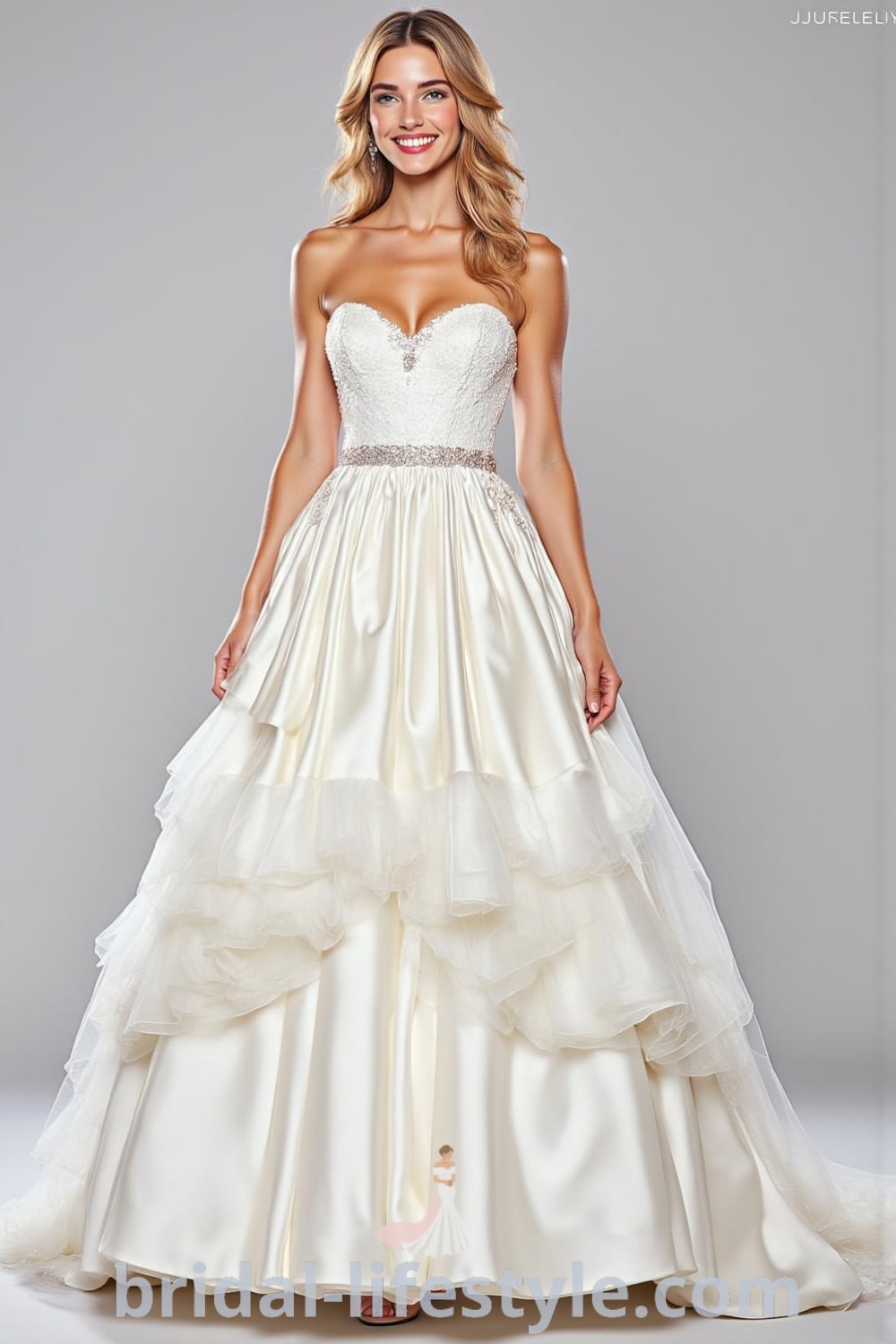A beautiful princess wedding dress with luxurious satin layers, fitted bodice adorned with intricate lace detailing and delicate beadwork, and soft tulle accents at the hem. bridal-lifestyle.com