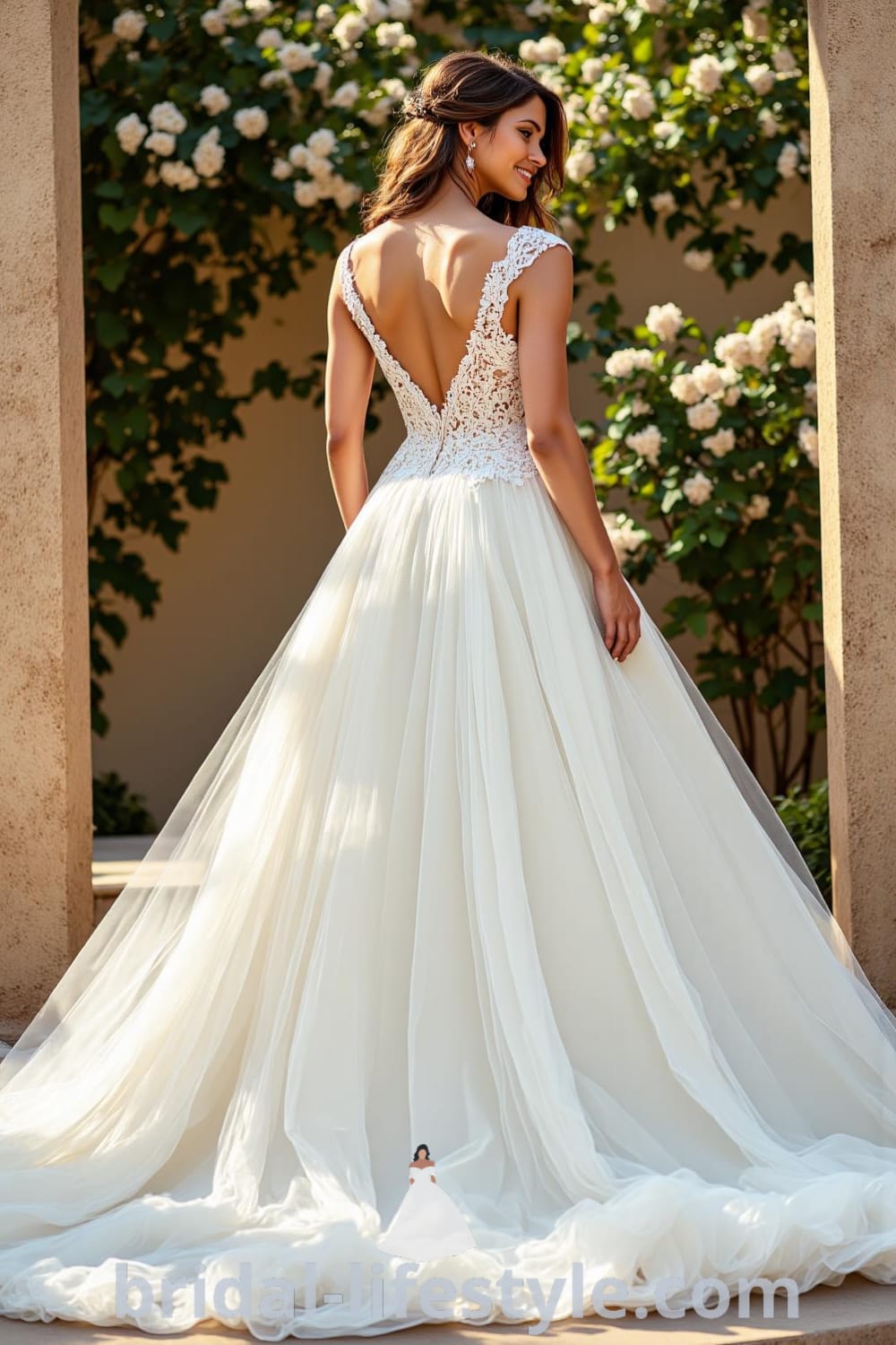 Princess tail wedding dress with fitted lace bodice, ethereal skirt, luxurious satin train, and soft tulle layers, designed for an enchanting bridal look. bridal-lifestyle.com