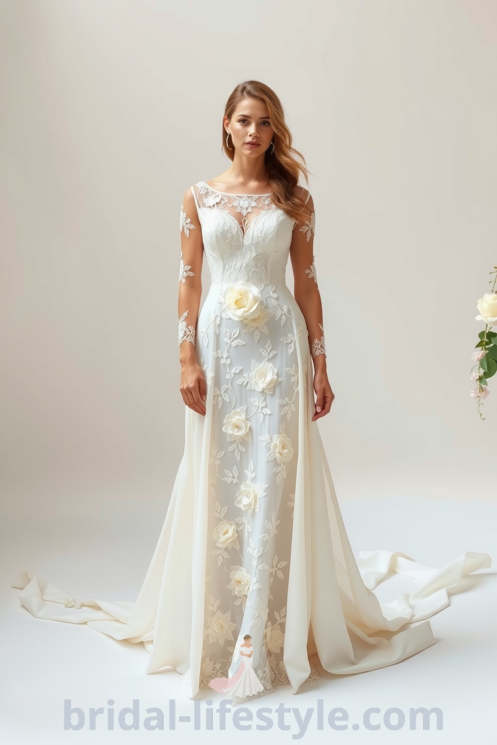 Stunning boho wedding dress made of soft lace with floral appliqués, A-line silhouette, and sheer lace sleeves designed for an outdoor ceremony. bridal-lifestyle.com