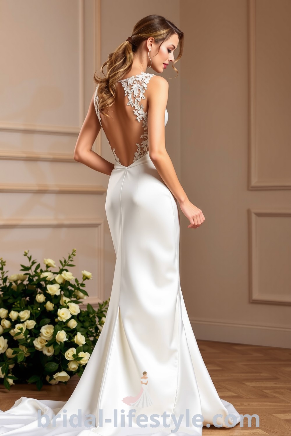 Fit and flare wedding dress in luxurious satin, featuring an elegant silhouette, open back design with lace appliqués, and a beautiful sheen. bridal-lifestyle.com