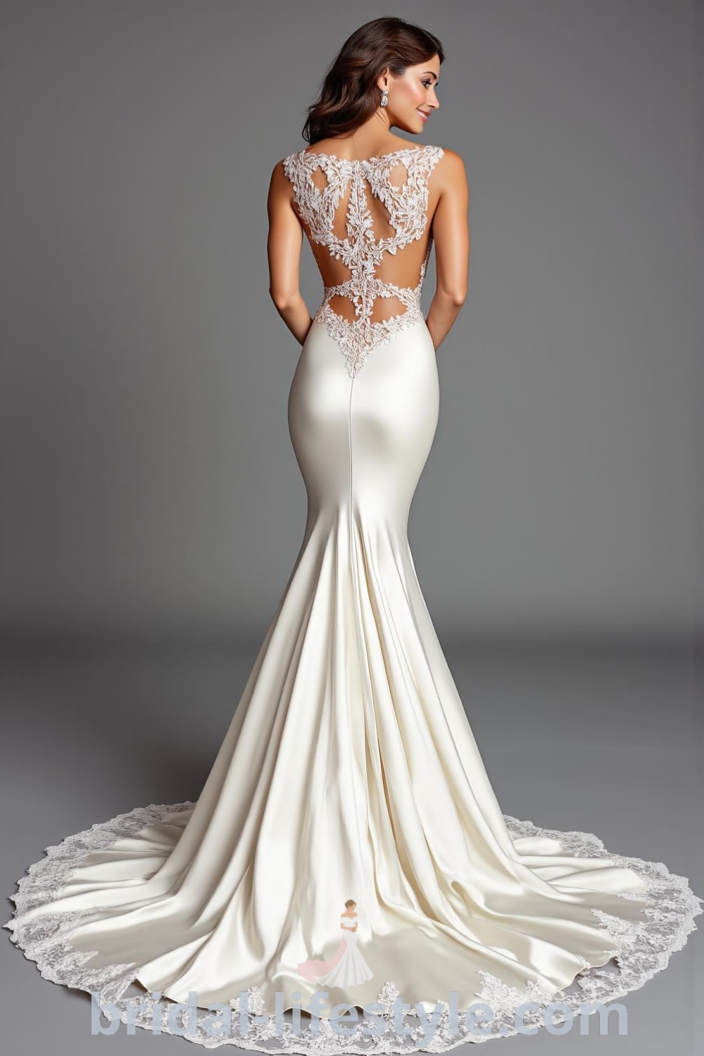 Mermaid wedding dress made of silk satin with lace overlays on the neckline and sleeves, featuring a flared skirt and dramatic train, along with an intricate lace back and subtle buttons. bridal-lifestyle.com
