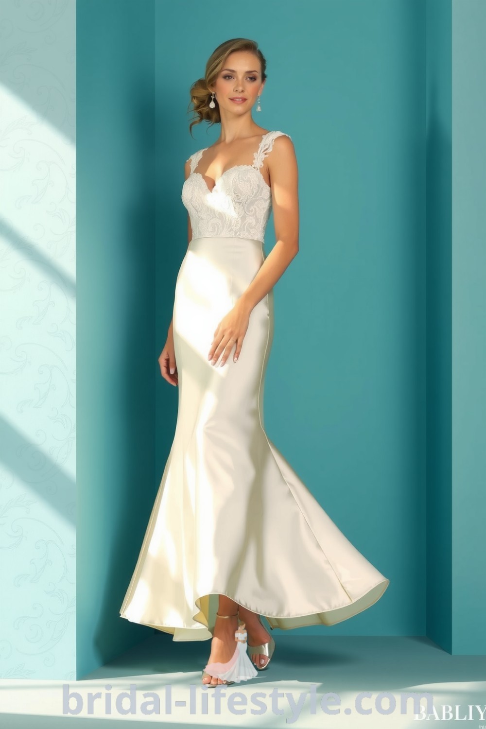 Elegant mermaid midi wedding dress in luxurious satin with lace overlays and a flared hem, featuring a sweetheart neckline, perfect for dreamy brides. bridal-lifestyle.com