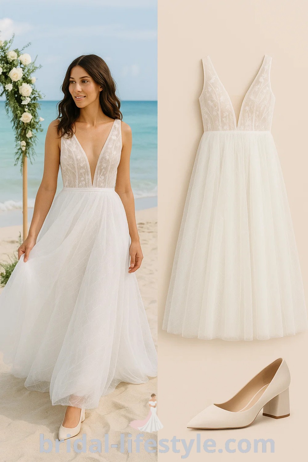 A beautiful white boho beach wedding dress with plunging neckline and floral detailing, full-length tulle skirt, and beige pointed toe heels, perfect for rustic weddings and special occasions, featured on pinshoesoutfits.com.