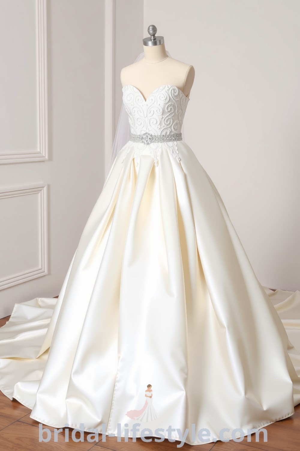 Elegant princess-style wedding dress with luxurious satin layers, intricately laced bodice, and sparkling beadwork, perfect for dreamy brides. bridal-lifestyle.com