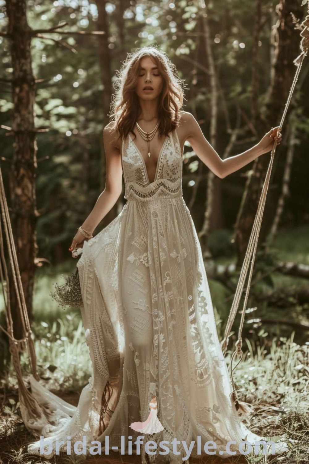 A woman in a white dress standing on a swing, showcasing a boho wedding dress that embodies romantic and elegant vibes, perfect for dreamy brides. Discover the best styles for your special day at bridal-lifestyle.com.
