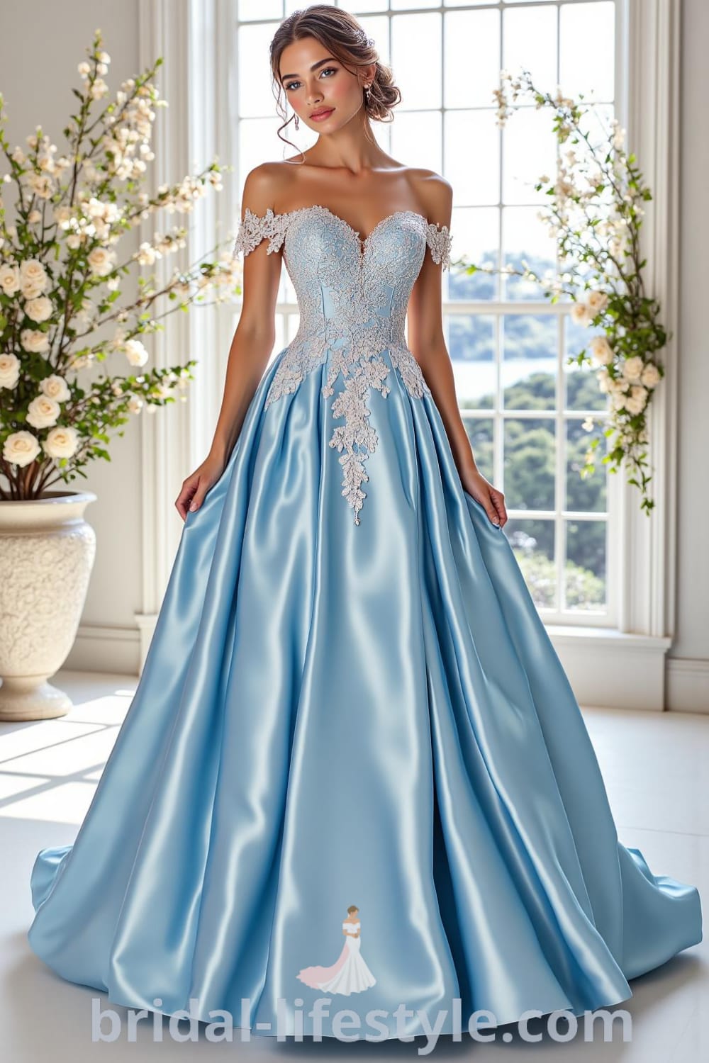 Princess Blue wedding dress with fitted bodice, intricate lace appliqués, full satin skirt, and off-shoulder neckline. bridal-lifestyle.com